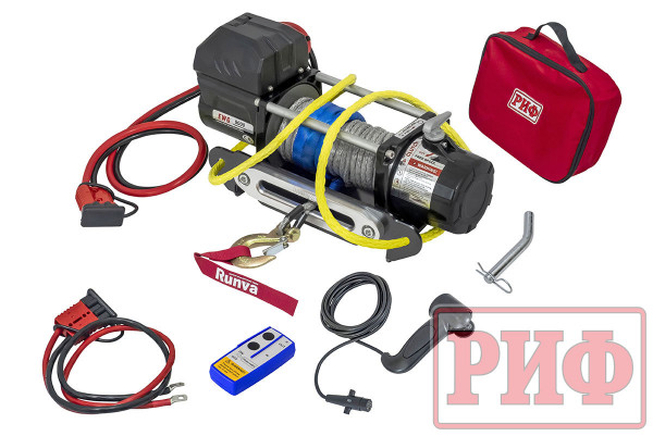Лебёдка переносная РИФ 9000SR c квадратом для фаркопа и проводами в сборе, синтетический трос (облегченная)